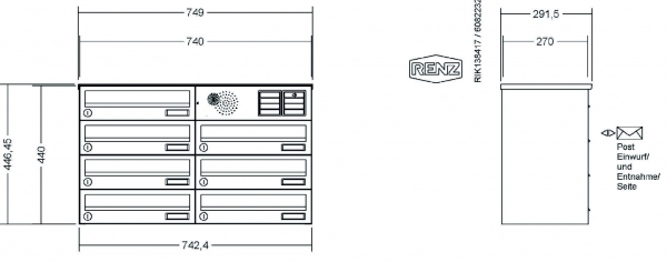 RENZ Briefkastenanlage, Aufputz, Classic Basic B, Edelstahl V4A, Kastenformat 370x110x270mm, mit Klingel - & Lichttaster und Vorbereitung Gegensprechanlage, 7-teilig